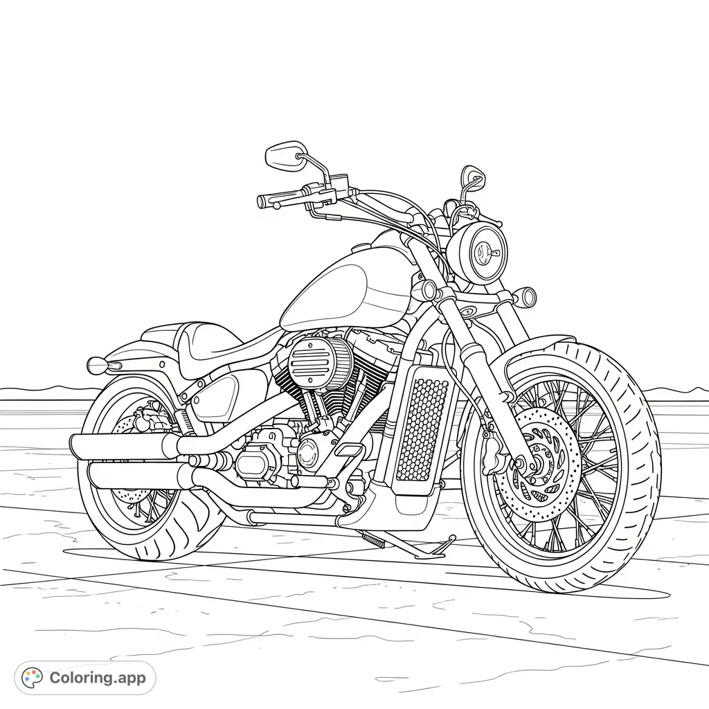 Color a detailed customized cruiser motorcycle featuring large exhaust pipes, a low seat, intricate engine, and spoked wheels, parked on concrete.