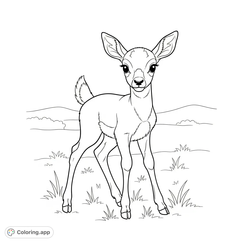 A charming baby antelope with a rounded face and expressive eyes stands in a peaceful grassland, ready for a splash of imagination and color.