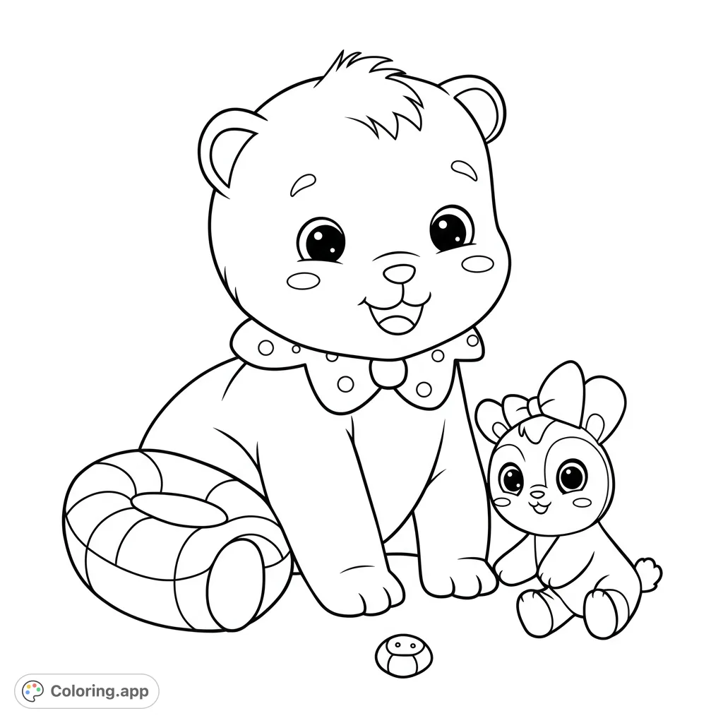 An adorable baby bear with a ruffled collar, sitting happily with a striped inflatable ring and a cute bunny plush toy. Perfect for kids!