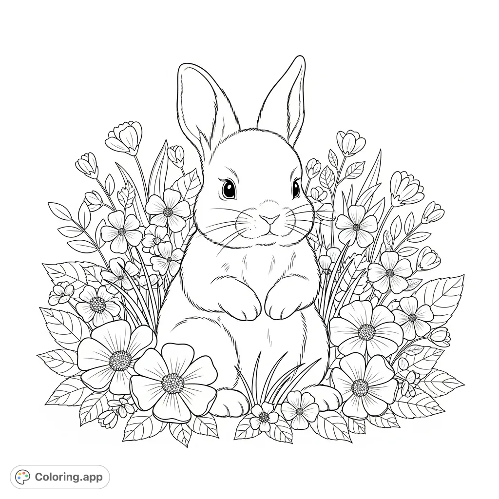 A charming baby bunny sits peacefully amidst a vibrant patch of various blooming flowers and delicate foliage, creating a delightful nature scene.