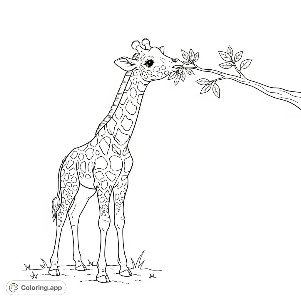 A charming baby giraffe enjoys a leafy snack from a low branch. This delightful scene features rounded shapes, inviting you to add vibrant hues and bring its gentle world to life.