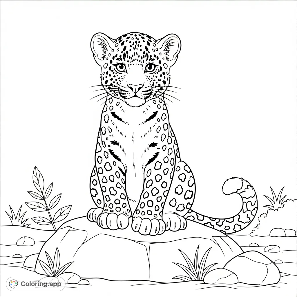 An adorable baby leopard with tiny spots and a friendly face sits on a rock, surrounded by subtle natural elements, inviting a heartwarming coloring experience.