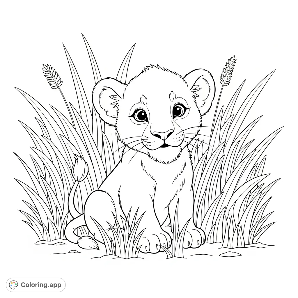 An adorable baby lion sits in tall jungle grass, featuring a soft rounded mane and gentle expression. Perfect for a calming coloring experience.