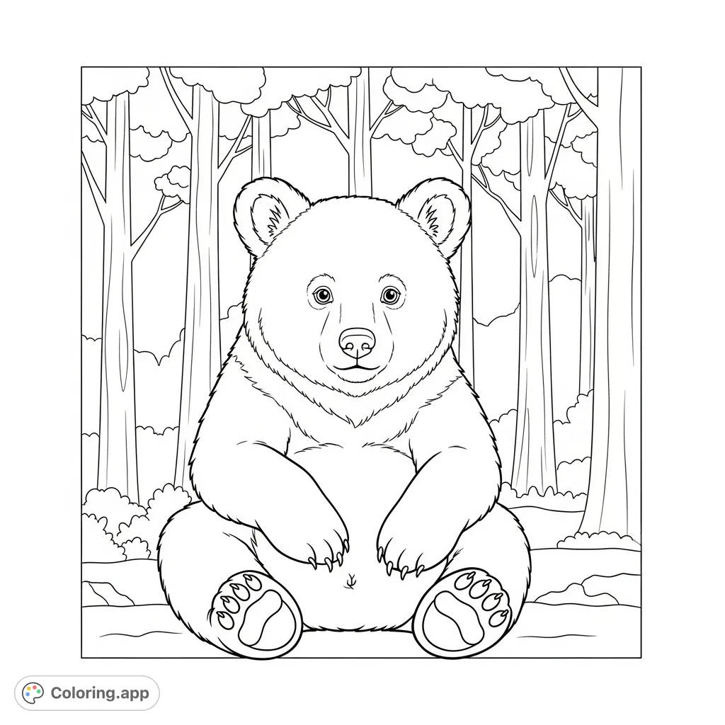 A charming bear cub sits with paws on its belly, framed by tranquil forest tree silhouettes. A delightful, simple scene perfect for focused coloring.