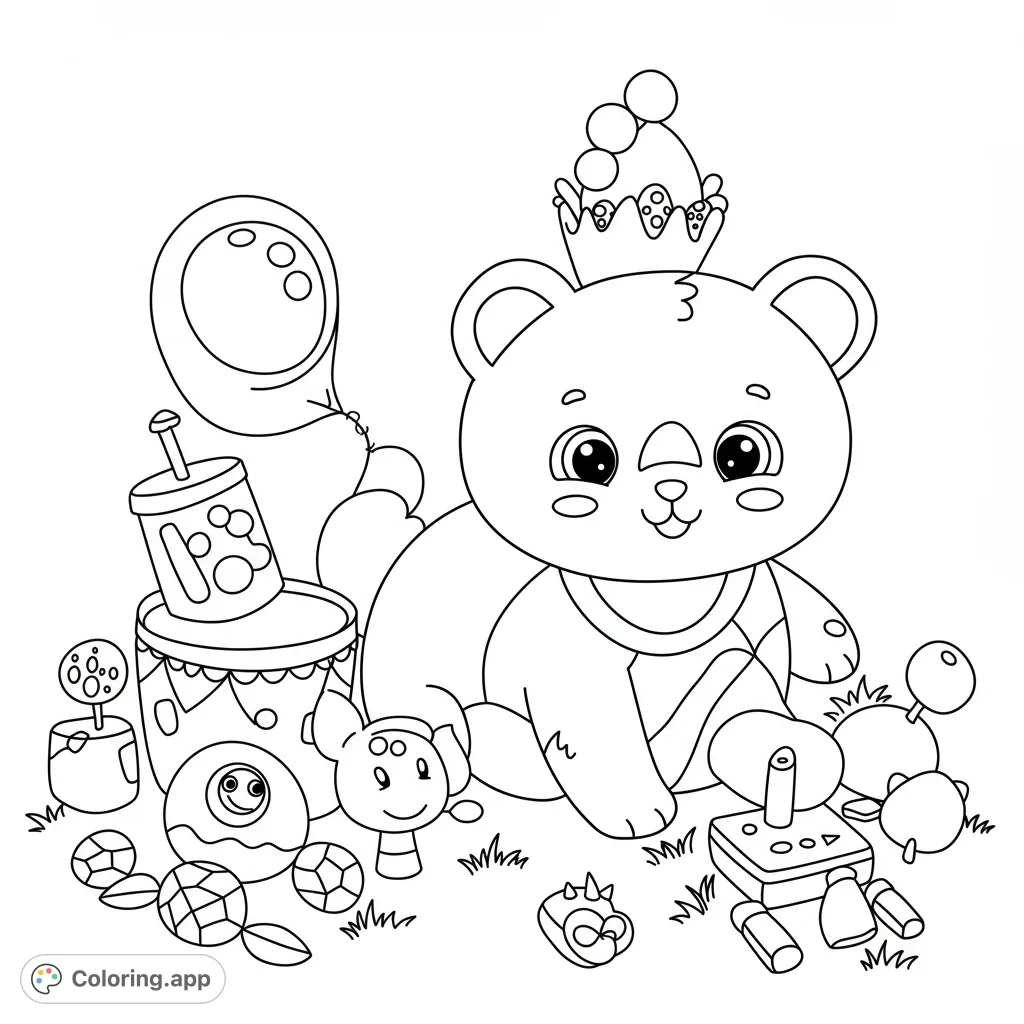 Adorable bear with a crown surrounded by fun toys. A delightful free printable bear coloring page for kids, perfect for imaginative playtime.