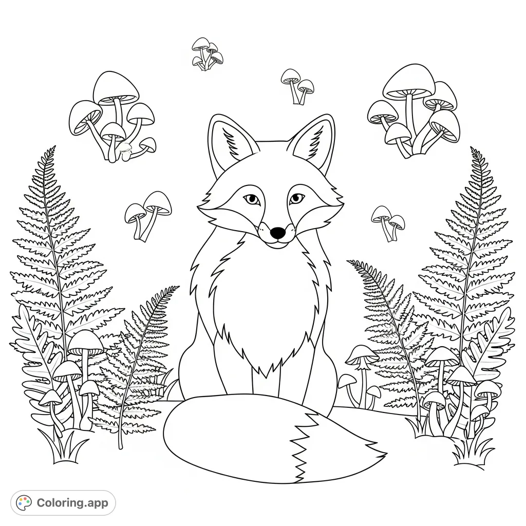 A delightful coloring page featuring a charming fox with rounded features, its fluffy tail curled, sitting peacefully in a simplified forest clearing with mushrooms and ferns.
