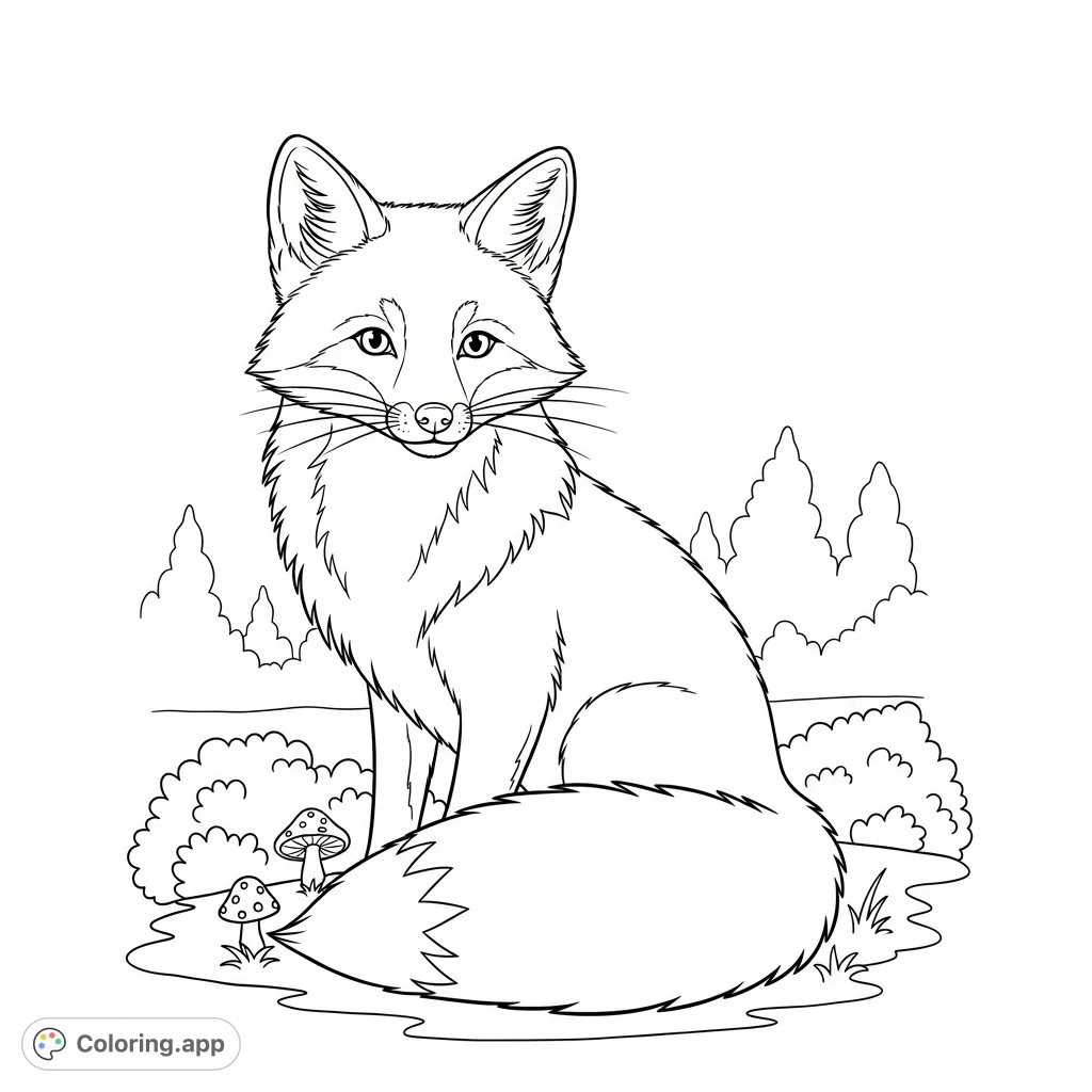A charming fox with an incredibly fluffy, curling tail sits in a gentle forest clearing, surrounded by soft foliage and a tiny mushroom.