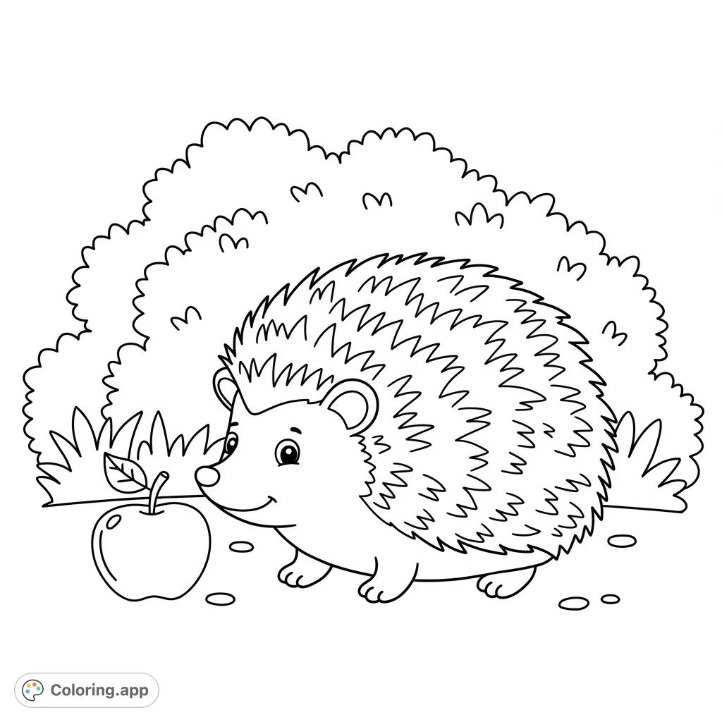 A charming hedgehog coloring page, perfect for kids! Features a cute hedgehog with an apple, set against a simple bush background. Free printable fun!