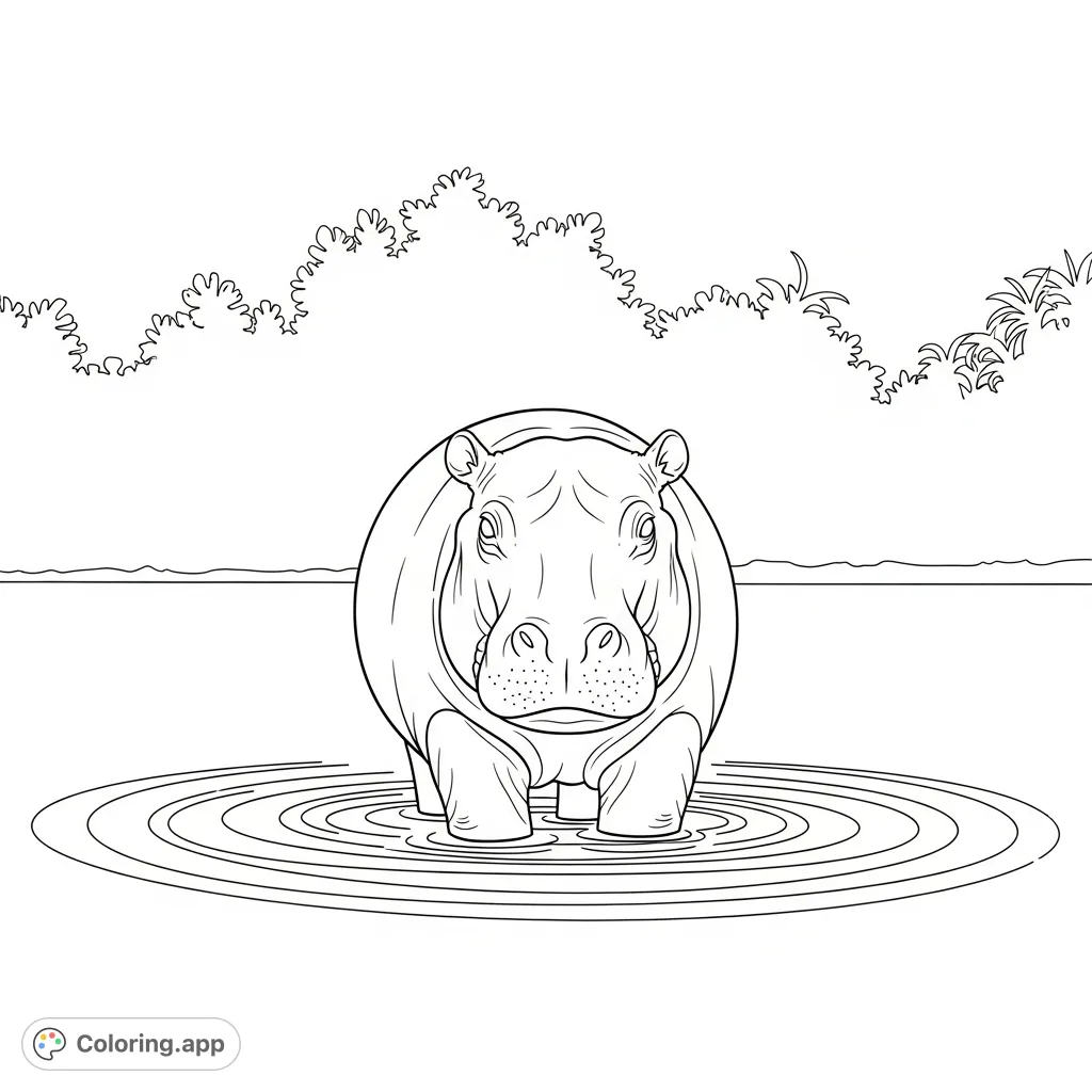 A charming hippo calf stands in shallow, rippled water with a silhouetted jungle background, inviting creativity and relaxation for all ages.