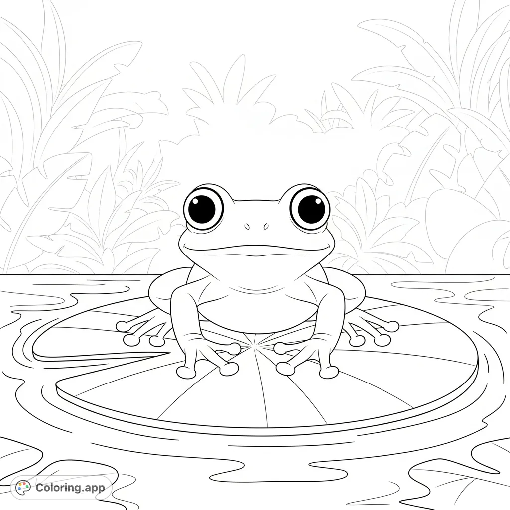 A charming coloring page featuring a cute jungle frog with big eyes perched on a lily pad, surrounded by simple water shapes and jungle hints.