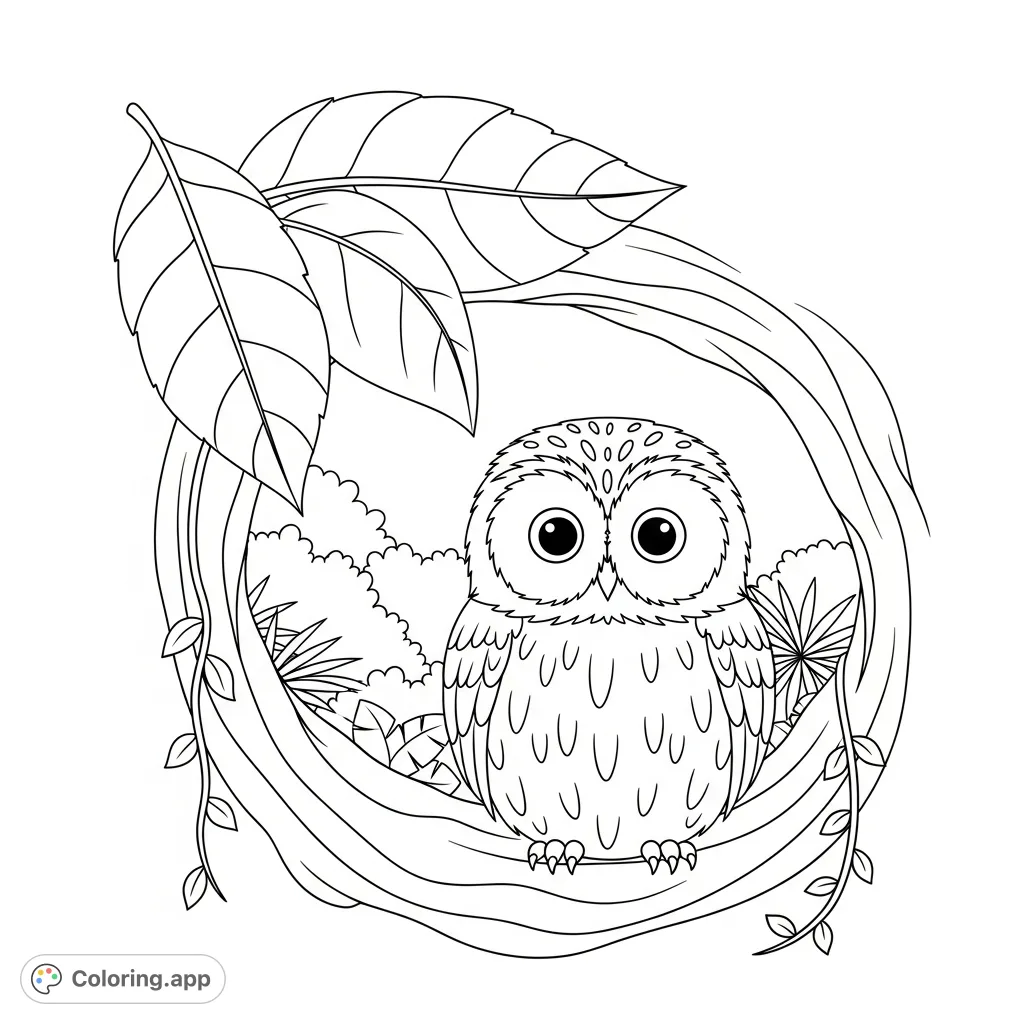 A charming coloring page featuring a cute jungle owl nestled in a tree hollow, surrounded by soft feathers, lush leaves, and subtle jungle details.