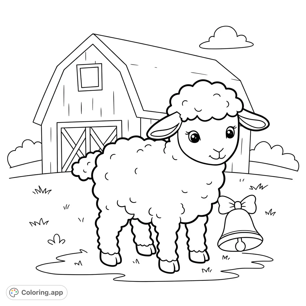 Adorable lamb stands before a barn with a bell, perfect for farm animal coloring fun. A free printable farm animal coloring page for kids and adults.