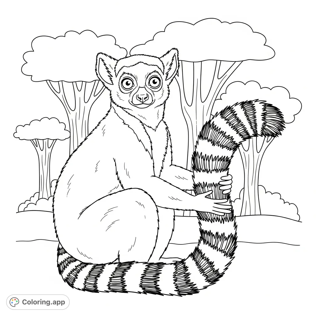 Discover a charming lemur coloring page, featuring a cute ring-tailed lemur holding its striped tail amidst abstract tree shapes. Perfect for all ages!