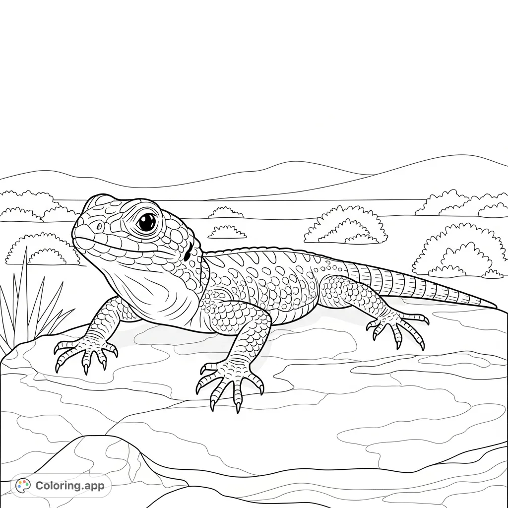 Discover a charming lizard sunbathing on a textured rock, surrounded by a serene, arid landscape. Perfect for nature lovers and all ages.