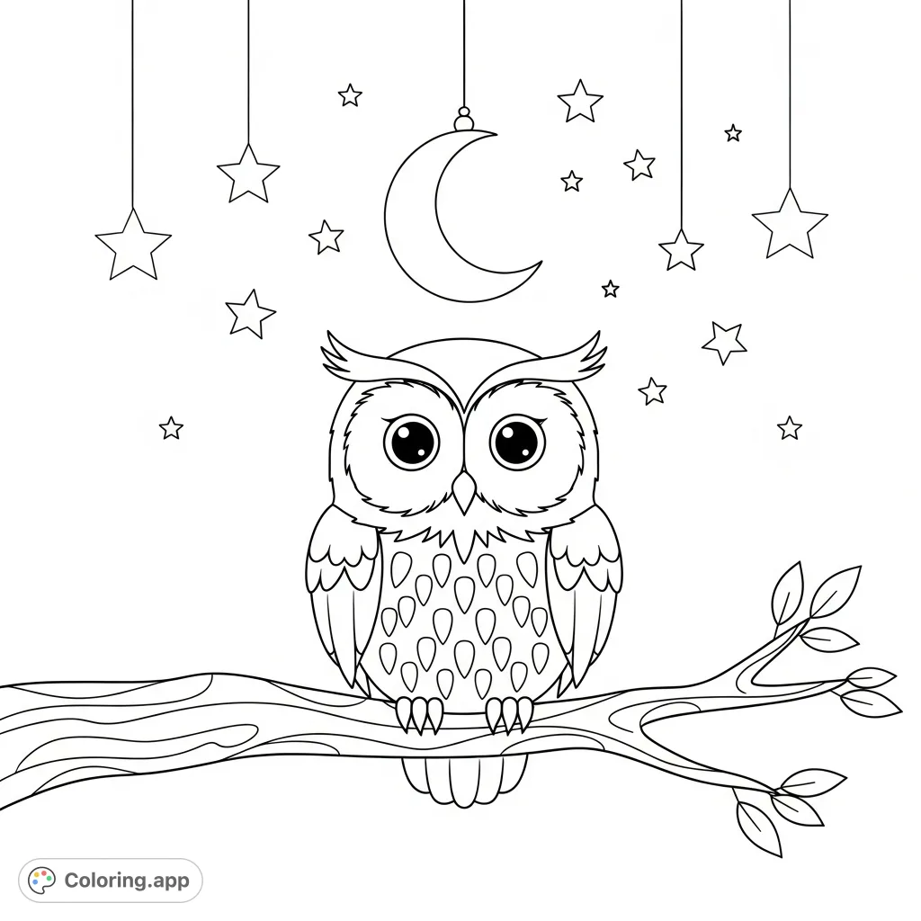 A cute, plump owl perches on a branch under a minimal crescent moon and scattering of stars. Its large, round eyes create an endearing, serene nocturnal scene.