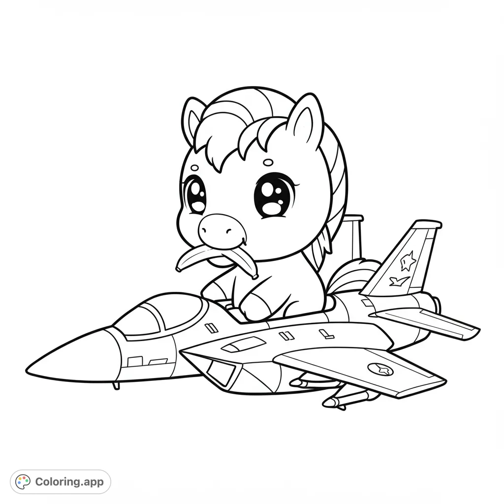 Adorable chibi horse flying a sleek fighter jet, holding a banana. A fun, action-packed free printable coloring page for kids and aviation fans!