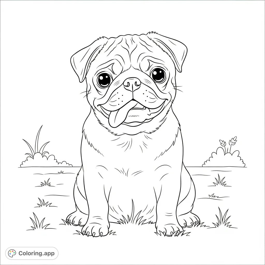 An adorable pug sitting with its tongue out, featuring charming round eyes and soft facial wrinkles against a simple grassy backdrop, perfect for quick coloring.