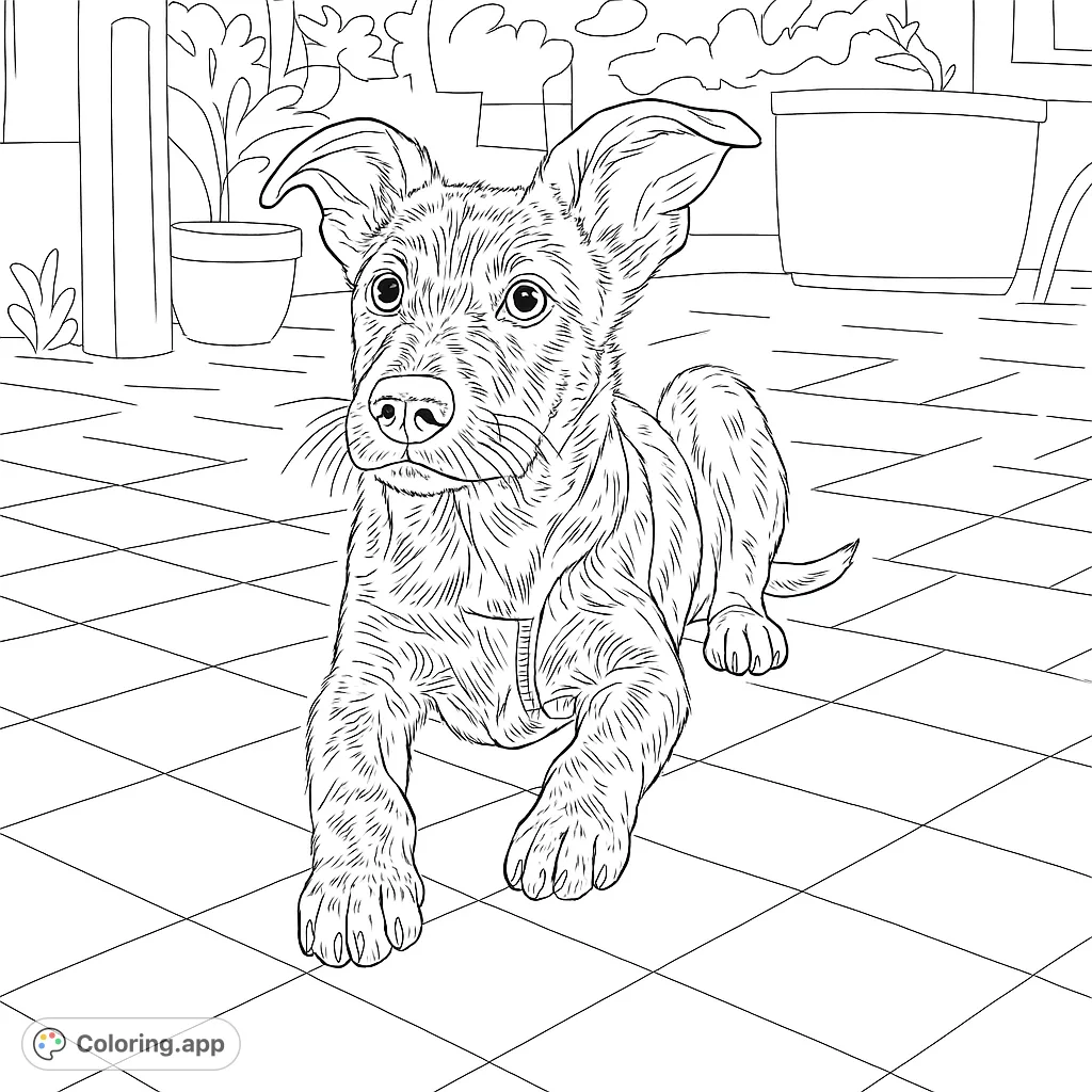 Adorable puppy coloring page featuring a sweet dog lying on a tiled floor with plants. Free printable puppy coloring page for kids and adults.