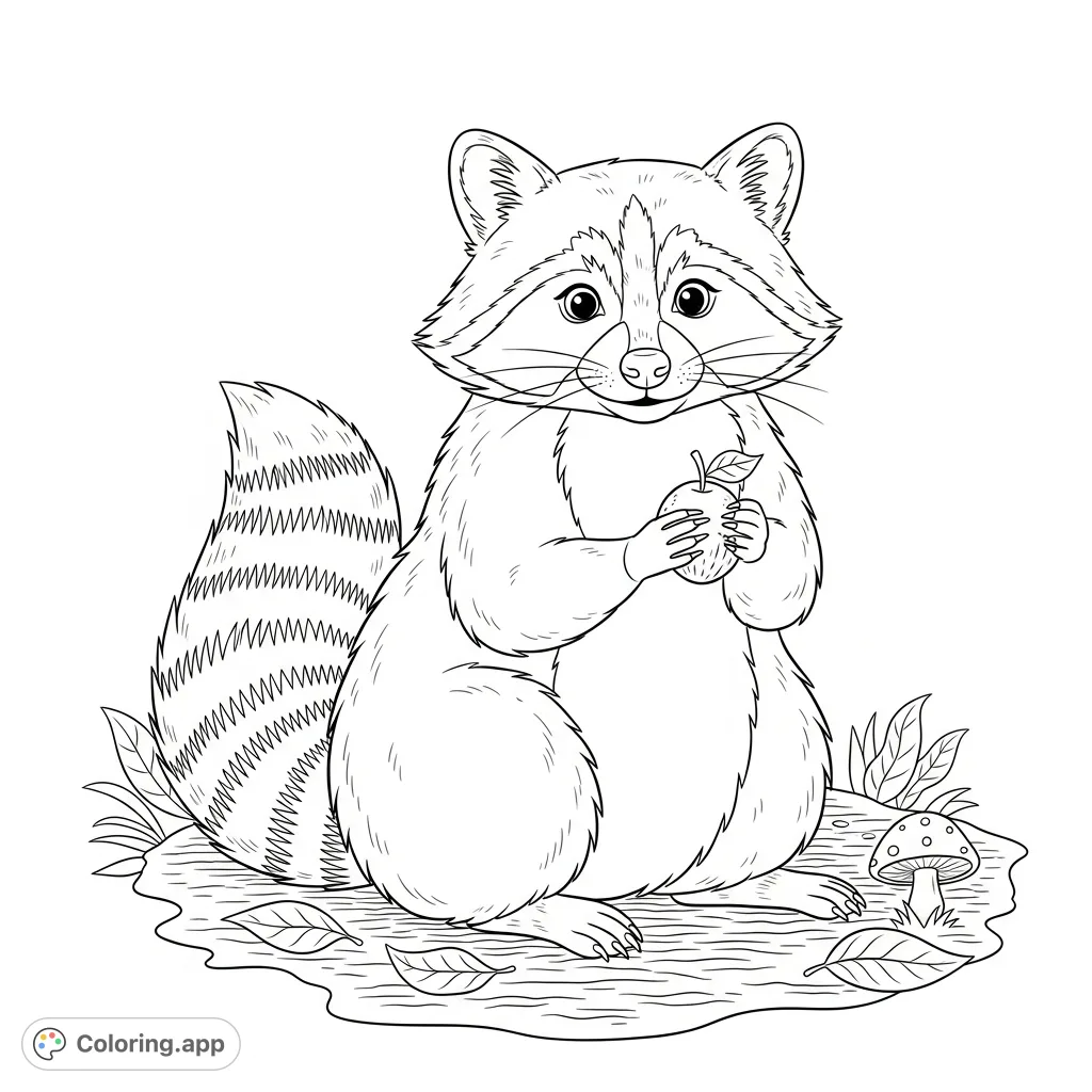 A charming coloring page featuring a cute raccoon sitting on a forest floor, delicately holding a tiny berry. Perfect for animal lovers of all ages!