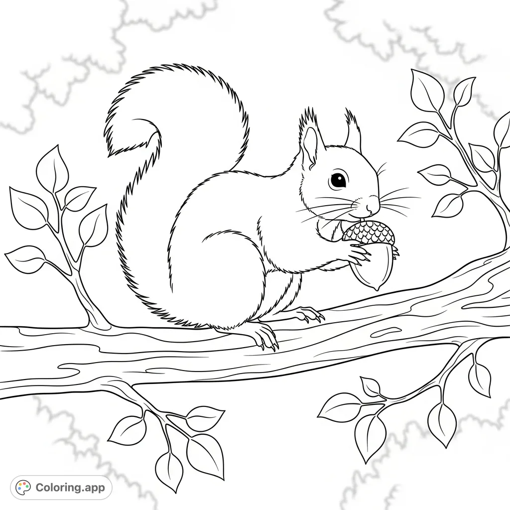 A fluffy squirrel, with a bushy tail, sits on a tree branch, delicately holding an acorn in its paws. Simplified leaves frame this charming woodland scene.