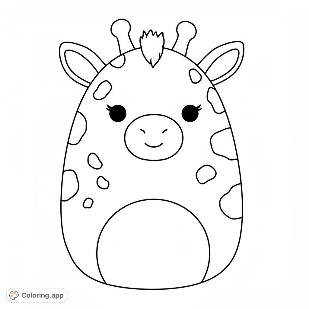 A super cute, squishy giraffe coloring page, perfect for kids and adults. Features a friendly face and fun spots for creative coloring.