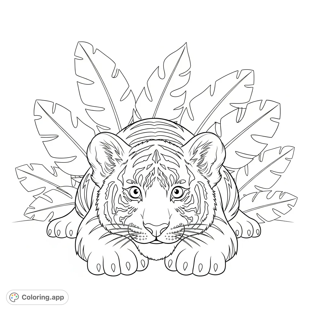 A charming coloring page featuring a cute tiger cub resting on its belly with a sweet smile, surrounded by simple, stylized leaves. Perfect for young animal lovers.