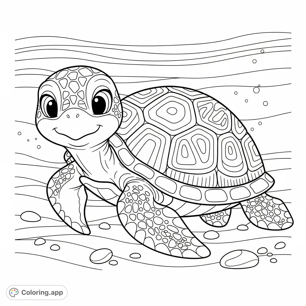 A charming turtle featuring an intricately detailed shell, designed for a relaxing and creative coloring experience. Discover joy in every pattern!