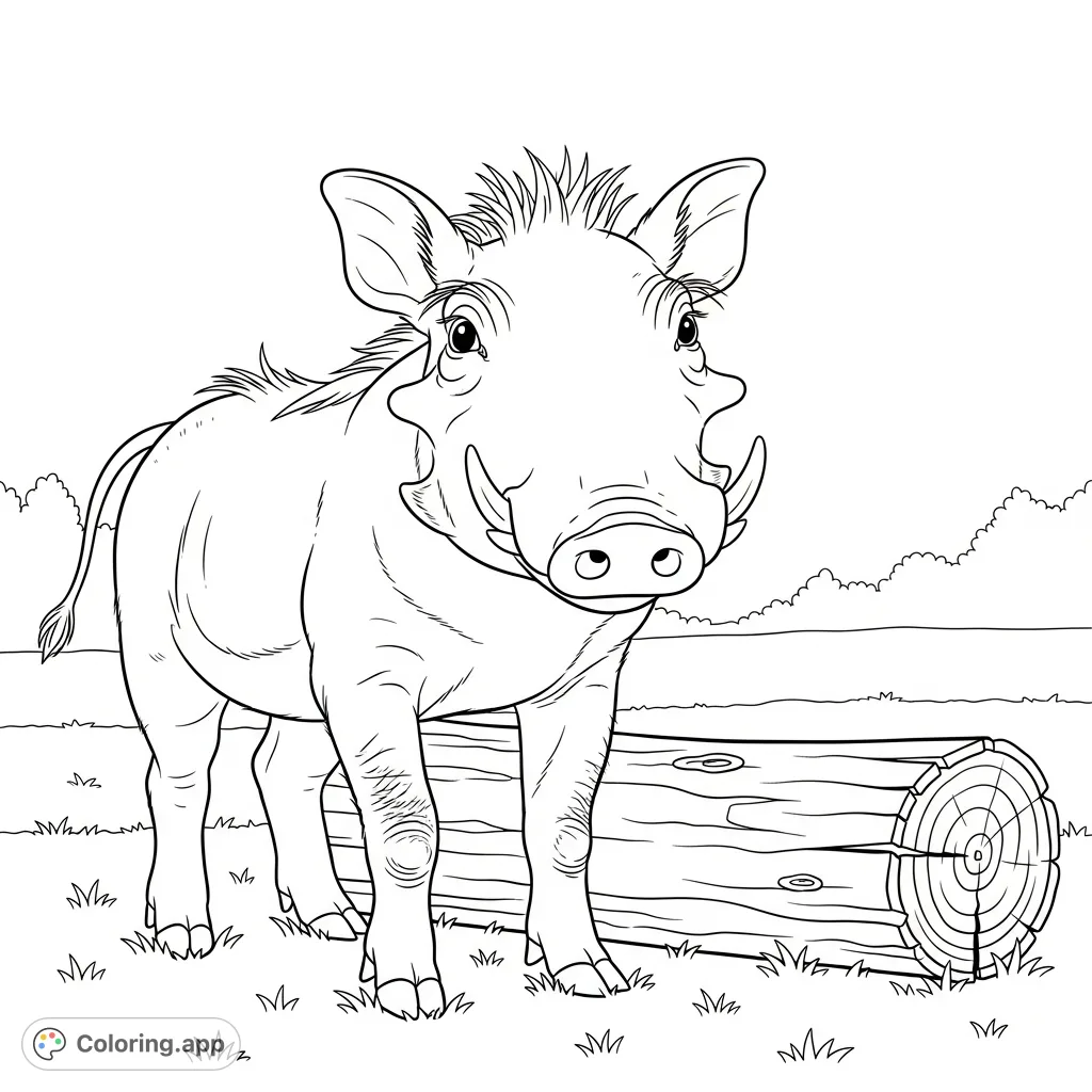 An adorable warthog piglet with small tusks and round cheeks stands playfully beside a rustic log on grassy terrain, ready for a splash of color.