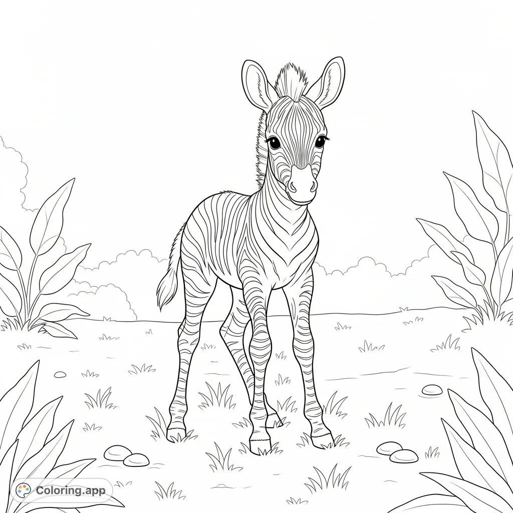 A charming coloring page featuring a cute zebra foal with simple stripes and rounded features standing playfully in a sunlit clearing.