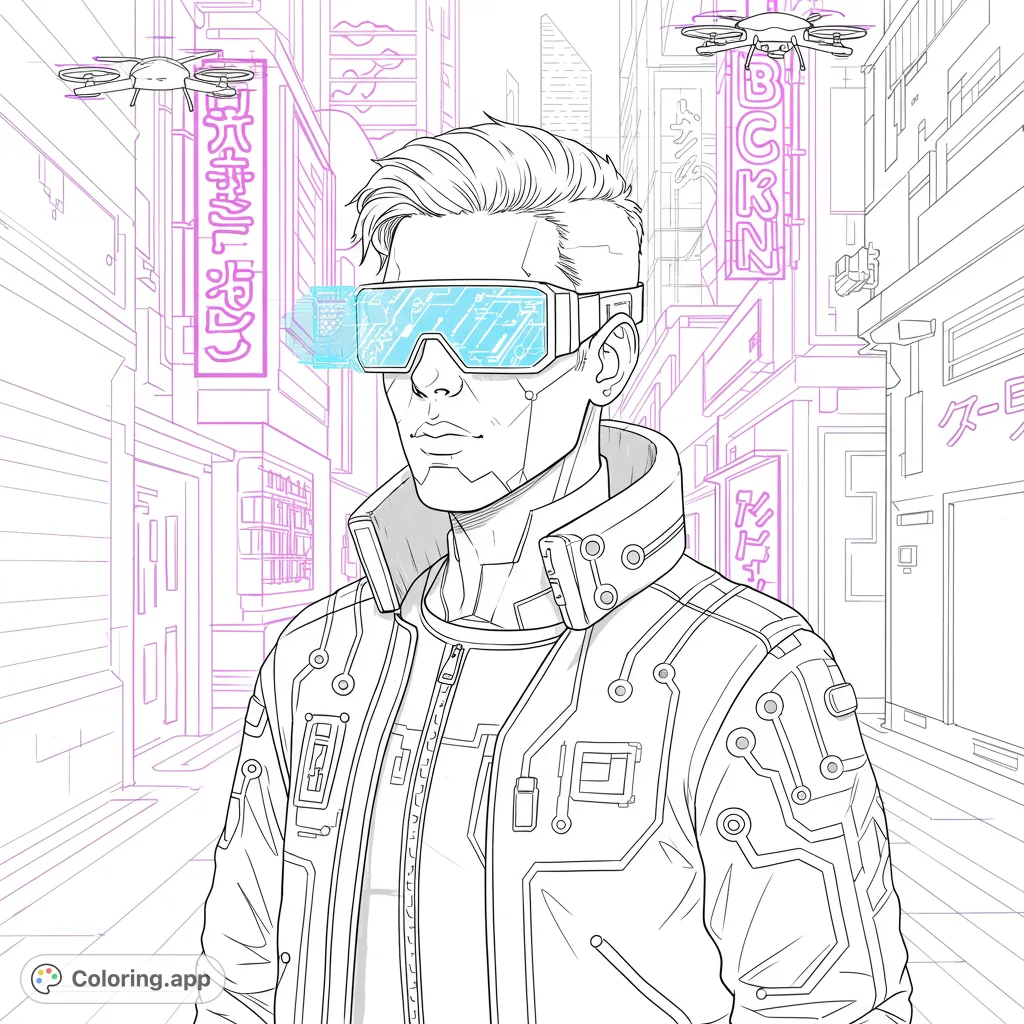 Explore a futuristic cityscape with a tech-savvy individual wearing VR glasses and a circuit-patterned jacket, surrounded by neon-lit buildings and hovering drones.