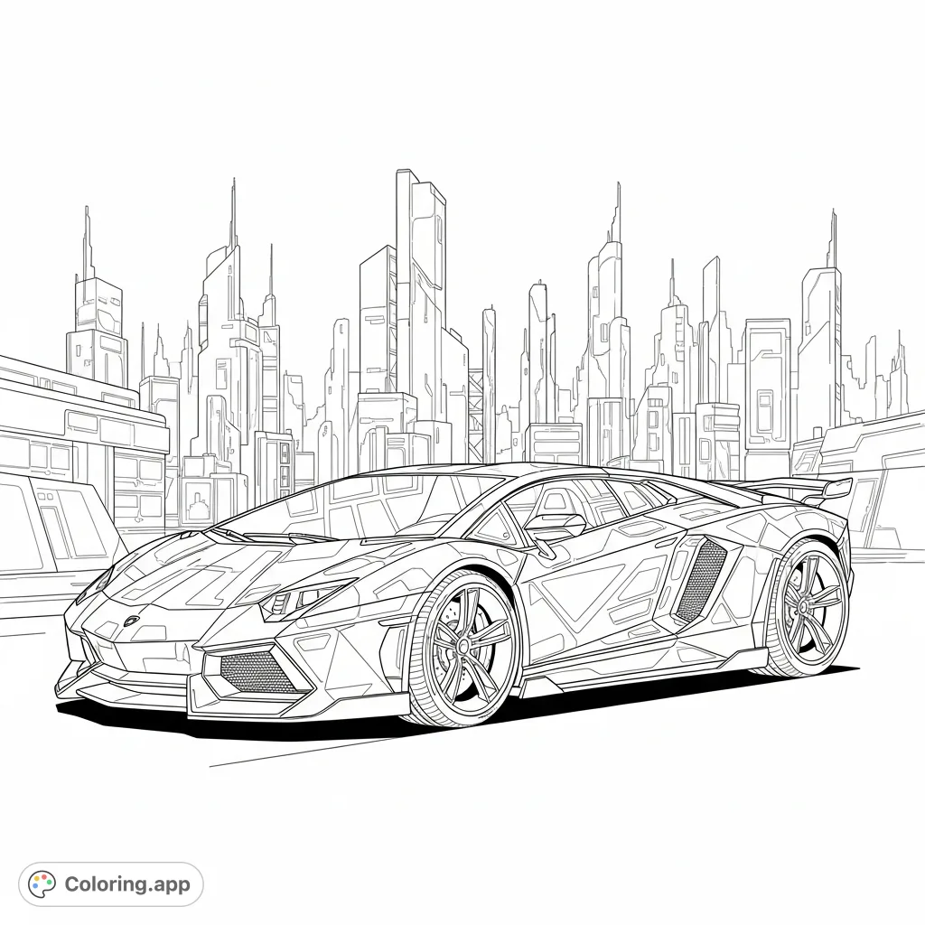 A thrilling cyberpunk concept supercar, simplified for coloring, featuring sharp angles, futuristic details, and dynamic urban backdrop.