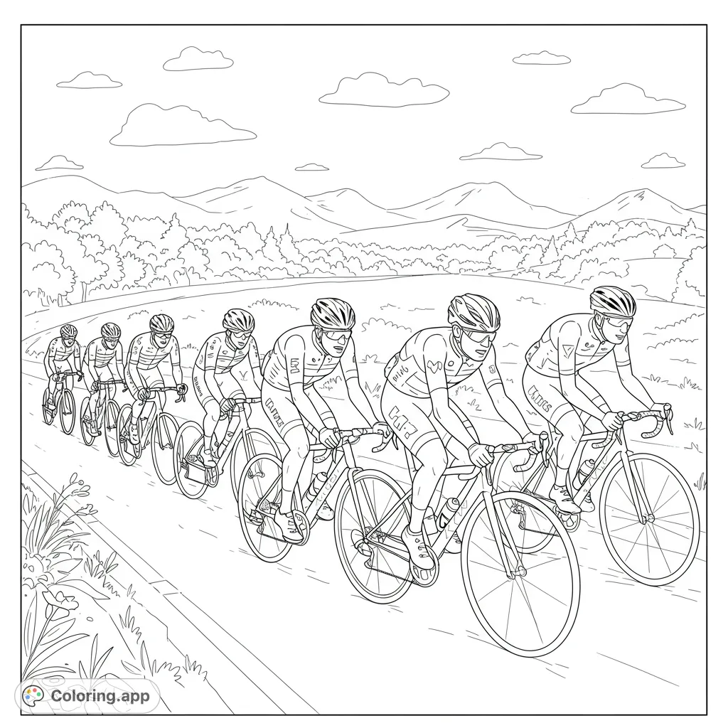 Join a thrilling cycling peloton race on a scenic mountain road. A free printable cycling coloring page for sports enthusiasts of all ages.