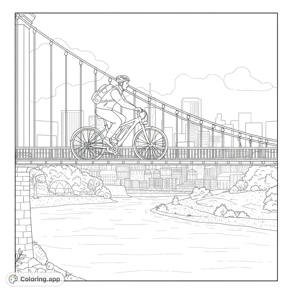 A dynamic cityscape cycling coloring page featuring a cyclist on a detailed suspension bridge over a river, with a vibrant city skyline in the background.