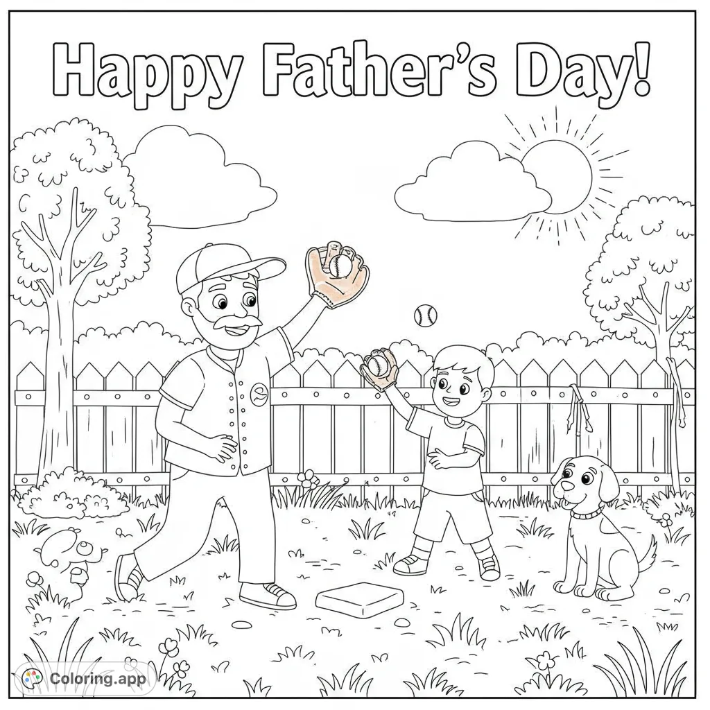 A heartwarming Father's Day baseball coloring page featuring a dad and son playing catch in the backyard with their dog. Perfect for family fun!