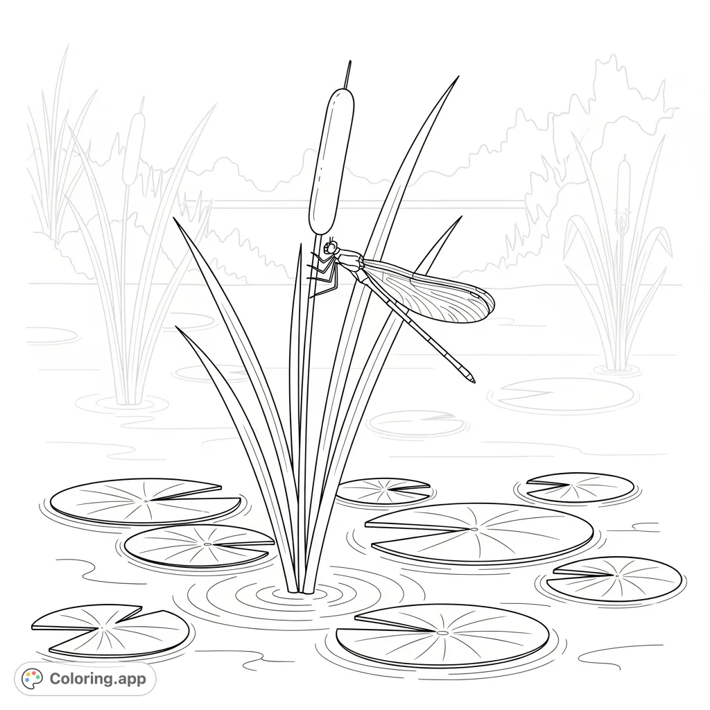 A delicate damselfly rests on a tall cattail stem, surrounded by lily pads and gentle water ripples, set against a soft natural background.