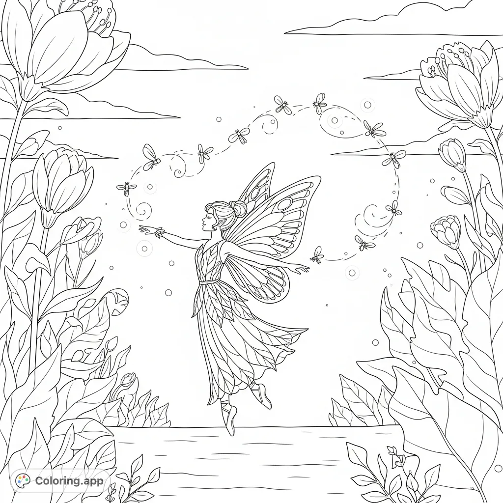 A magical fairy gracefully dances amidst a swirling constellation of glowing fireflies in an enchanted forest. A whimsical scene for all ages.