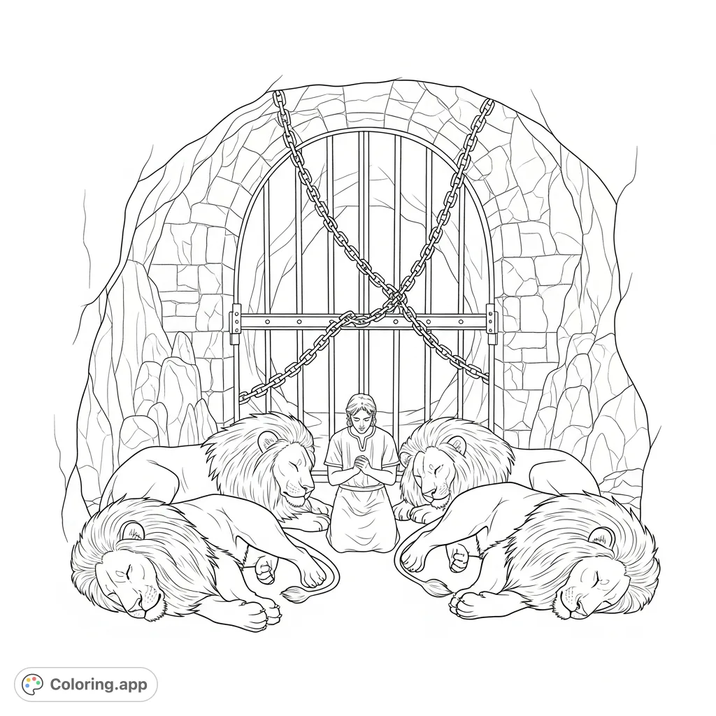 Experience the powerful story of Daniel in the Lion's Den with this detailed coloring page, featuring a serene Daniel amidst slumbering lions.
