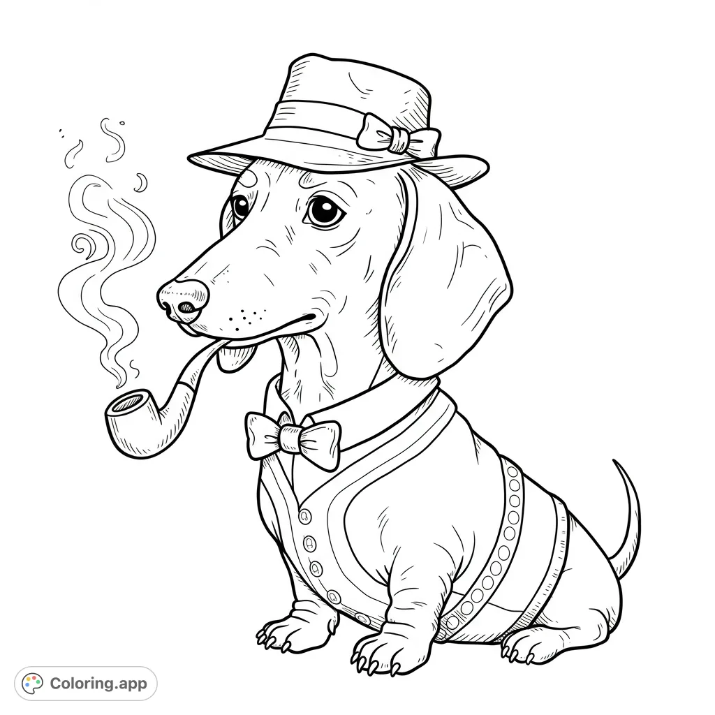 A charming dachshund gentleman in a fedora, vest, and bow tie, holding a smoking pipe. A sophisticated and fun free printable coloring page.