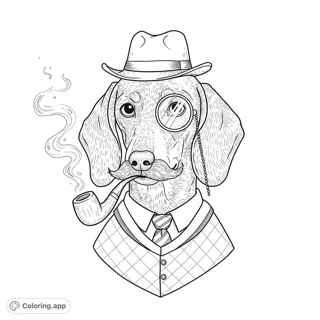 A dapper dachshund in a hat, monocle, and vest, smoking a pipe. A sophisticated and charming animal portrait for coloring.