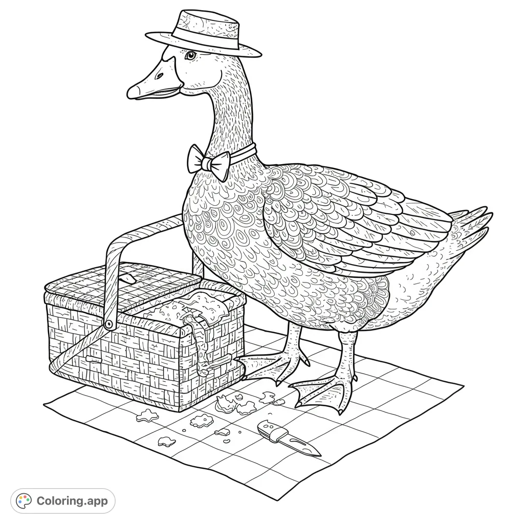 A dapper goose in a hat and bow tie enjoys a picnic with a basket and spilled treats on a checkered blanket. A whimsical, detailed scene.