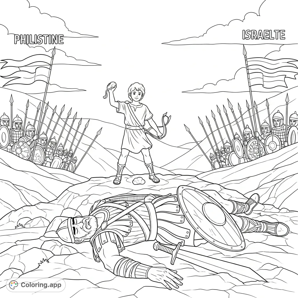 Witness young David's victory over the giant Goliath, with two armies on distant hills. A powerful biblical scene ready for your creative touch!