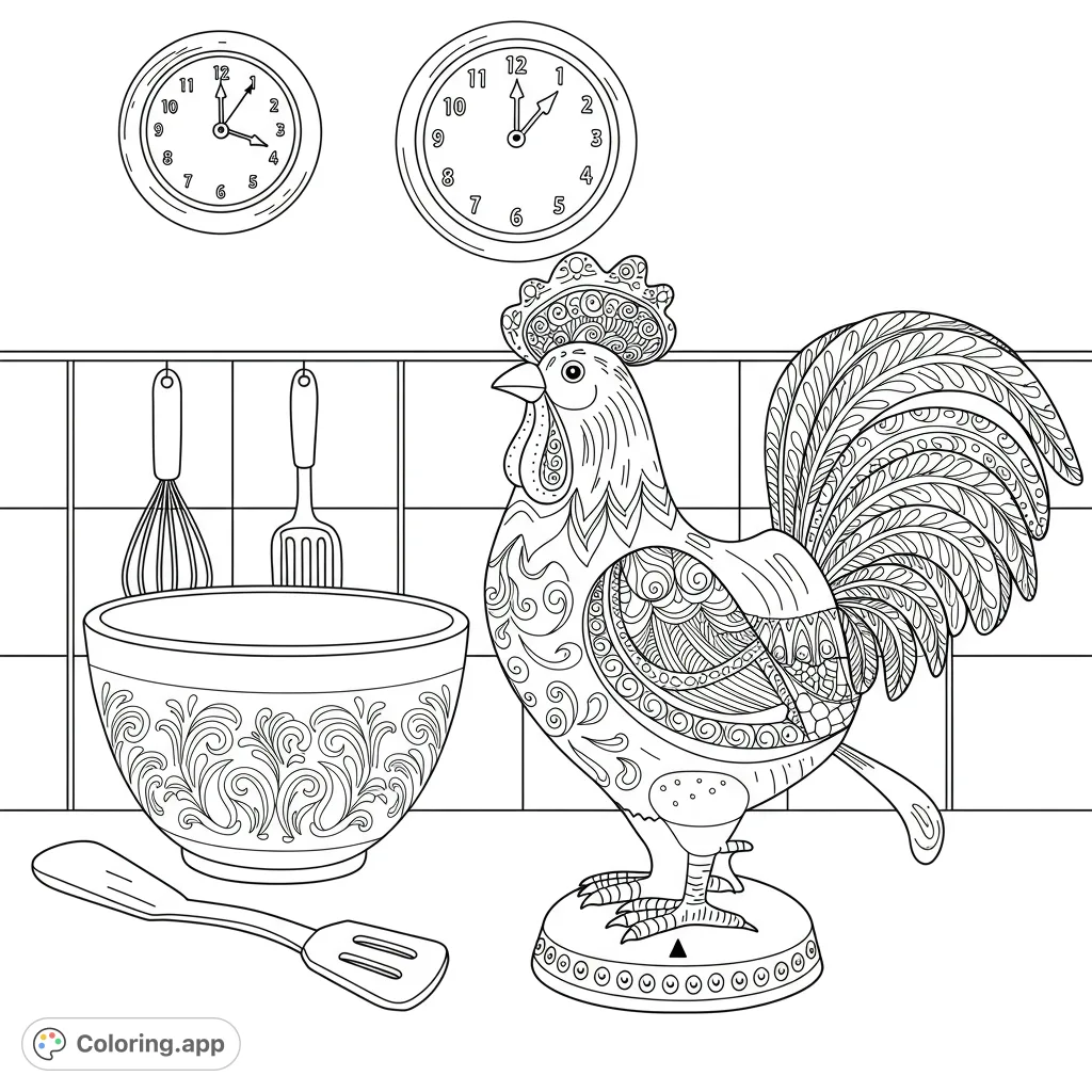A charming kitchen scene featuring a decorative rooster with intricate patterns, a patterned mixing bowl, and kitchen utensils against a tiled background. Perfect for detailed coloring.