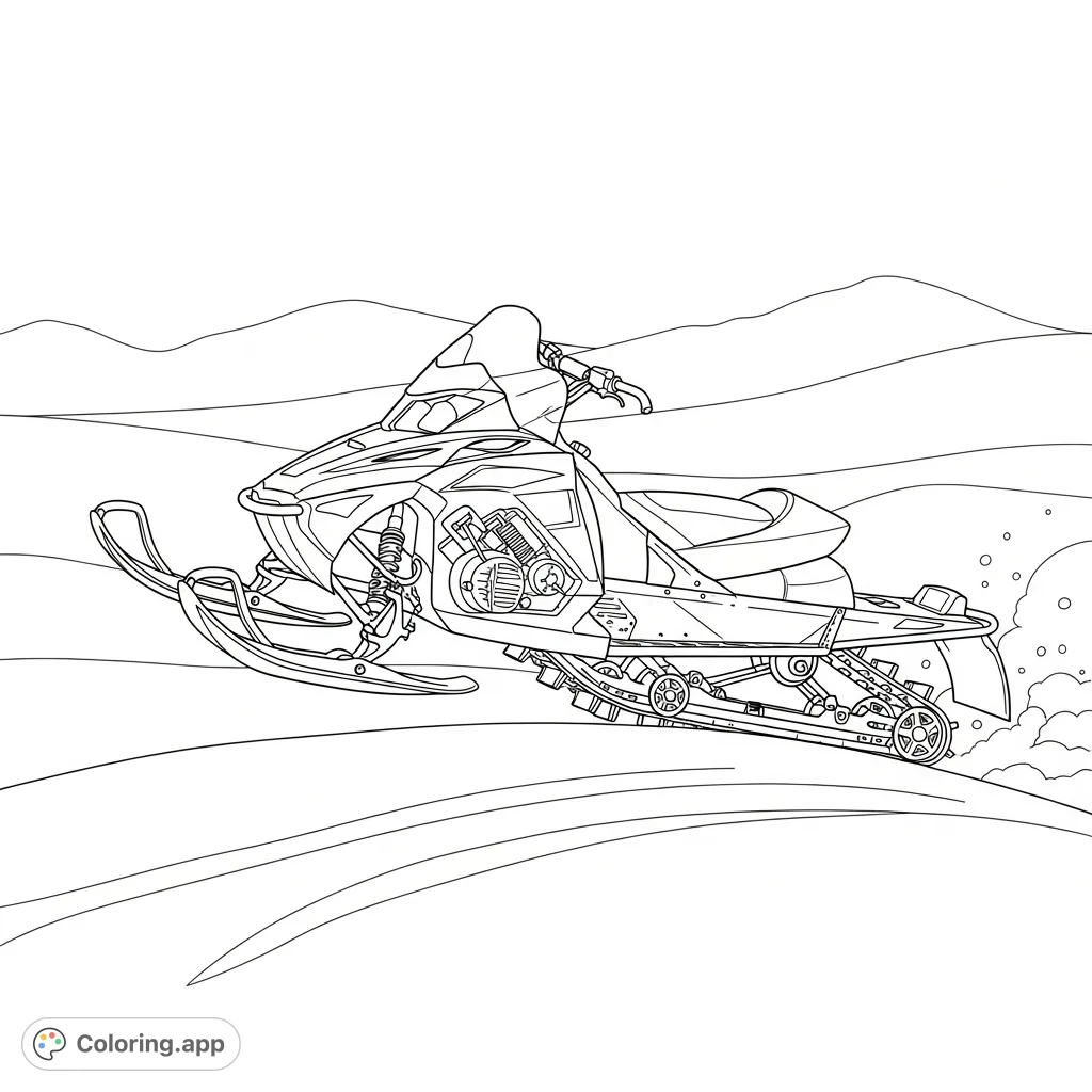 Color a dynamic snowmobile with wide skis kicking up simplified snow spray against a backdrop of snowdrifts and distant mountains. Perfect for winter enthusiasts.