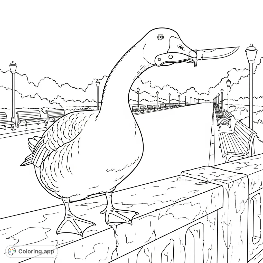A tensed goose perches on a concrete barrier, gripping a switchblade in its beak, observing a busy park walkway with a challenging stare. A unique adult coloring page.