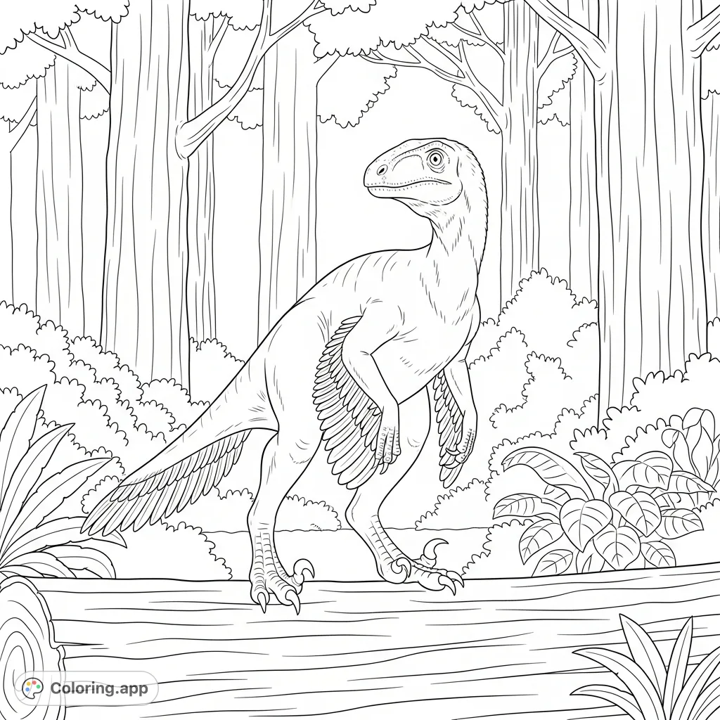 A majestic Deinonychus perched on a sturdy log amidst a dense, ancient forest. Simplified feathers and an alert stance capture the essence of this prehistoric hunter.