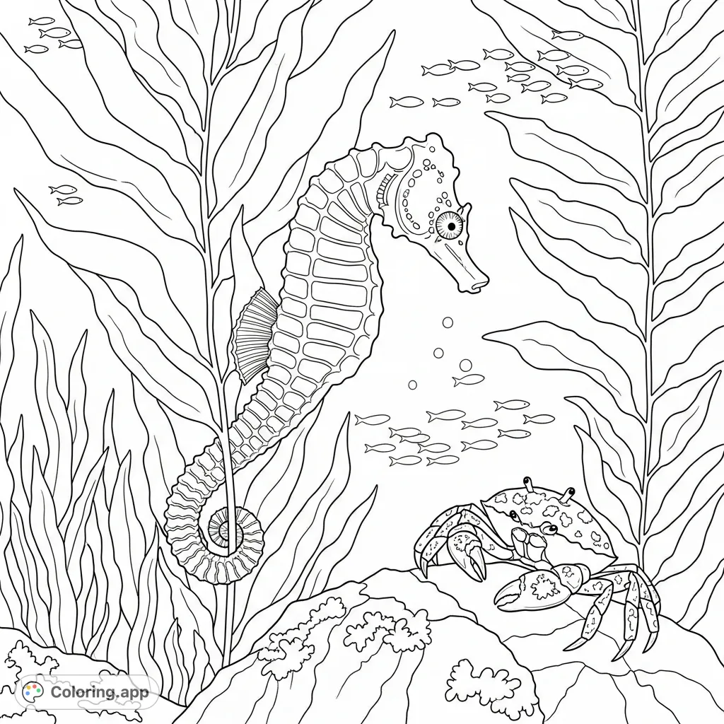 Dive into an enchanting underwater world with a delicate seahorse, schooling fry, and a patterned crab. A serene aquatic scene perfect for mindful coloring.