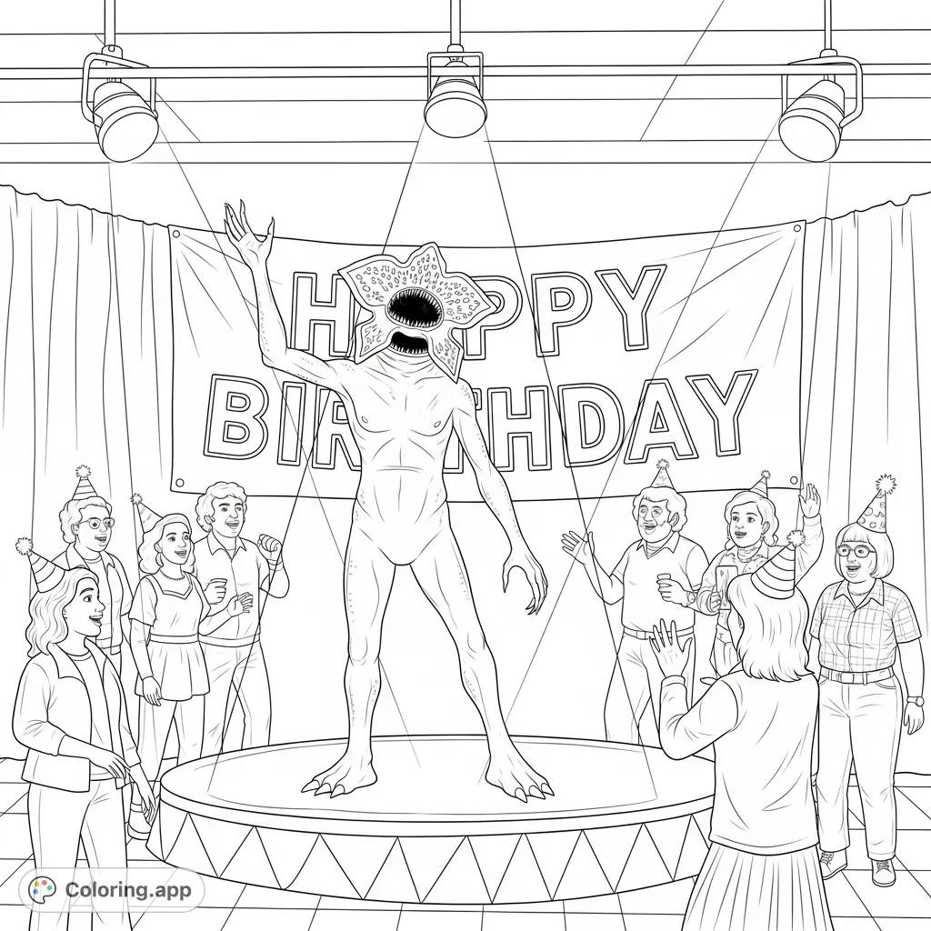 A Demogorgon celebrates a birthday on stage, mistaken for a costume by cheering partygoers. A unique fusion of festive fun and monstrous charm awaits your colors!