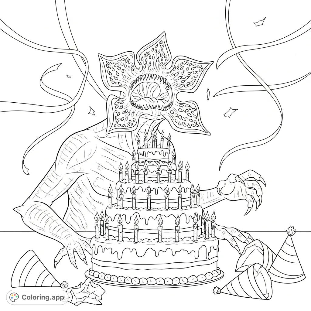 A thrilling Demogorgon coloring page featuring the creature bursting from a birthday cake, surrounded by party elements. A unique blend of terror and celebration!