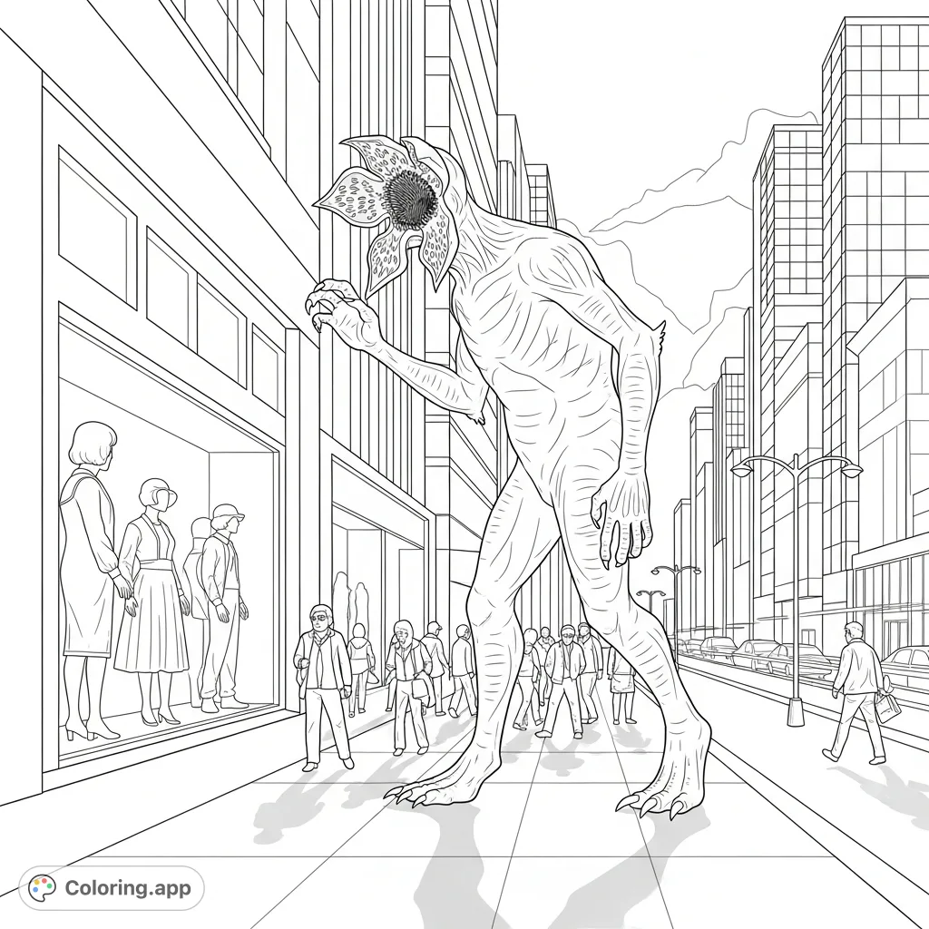 An imposing Demogorgon wanders a bustling city street, pausing to curiously examine mannequins in a storefront window amidst towering skyscrapers and hurried pedestrians.
