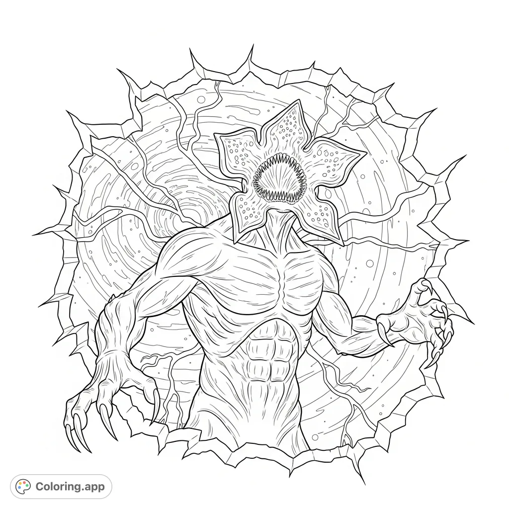 A fearsome Demogorgon emerges from a cosmic tear, its monstrous form set against a swirling galaxy, perfect for a challenging coloring adventure.